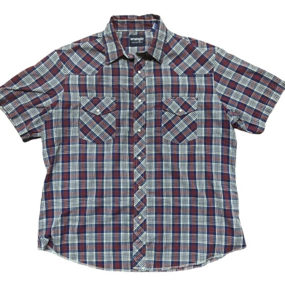 Wrangler Western Pearl Snap Plaid Red Blue Short Sleeve Shirt Men's Size XL - Picture 1 of 7